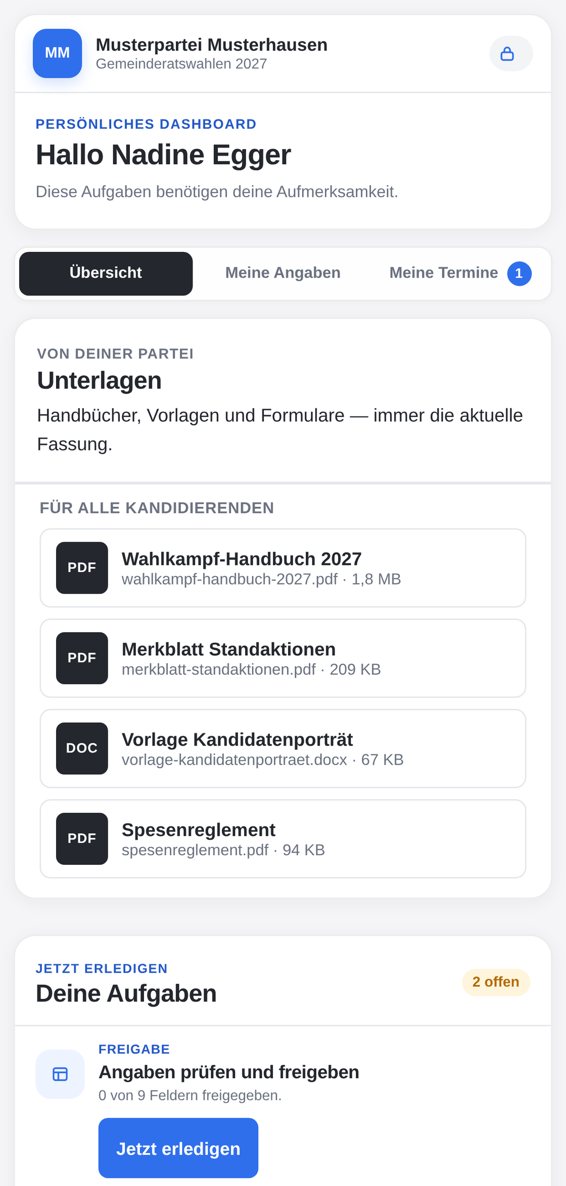 Das Cockpit einer kandidierenden Person auf dem Telefon: eine Begrüssung, die Unterlagen der Partei, die offenen Aufgaben und die eigenen Termine.