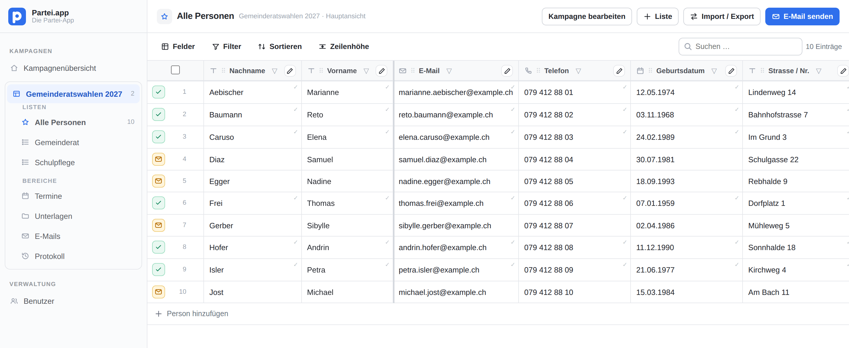Die Personenübersicht einer Kampagne: zehn Kandidierende mit Nachname, Vorname, E-Mail, Telefon, Geburtsdatum und Adresse, links die Listen «Gemeinderat» und «Schulpflege».
